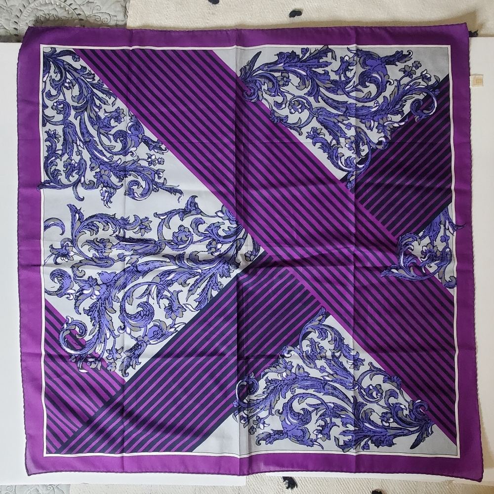 Vintage Synthetic textile Purple floral and geometric print scarf 32"x31"
